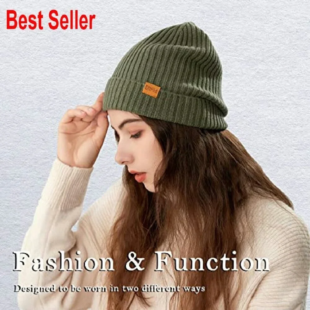 Merino Wool Cuff Beanie Unisex Warm Winter Cap Stretchy Knitted Cozy Chic